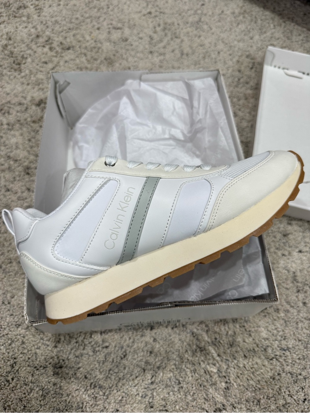 Calvin Klein White Sneaker with Light Gray Stripe and Gum Sole